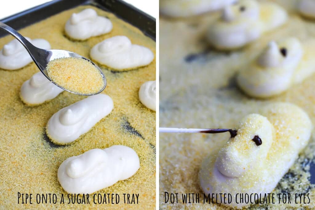 A college of 2 pictures showing the process of covering the vegan peeps with yellow sugar and doting eyes on them with chocolate. 