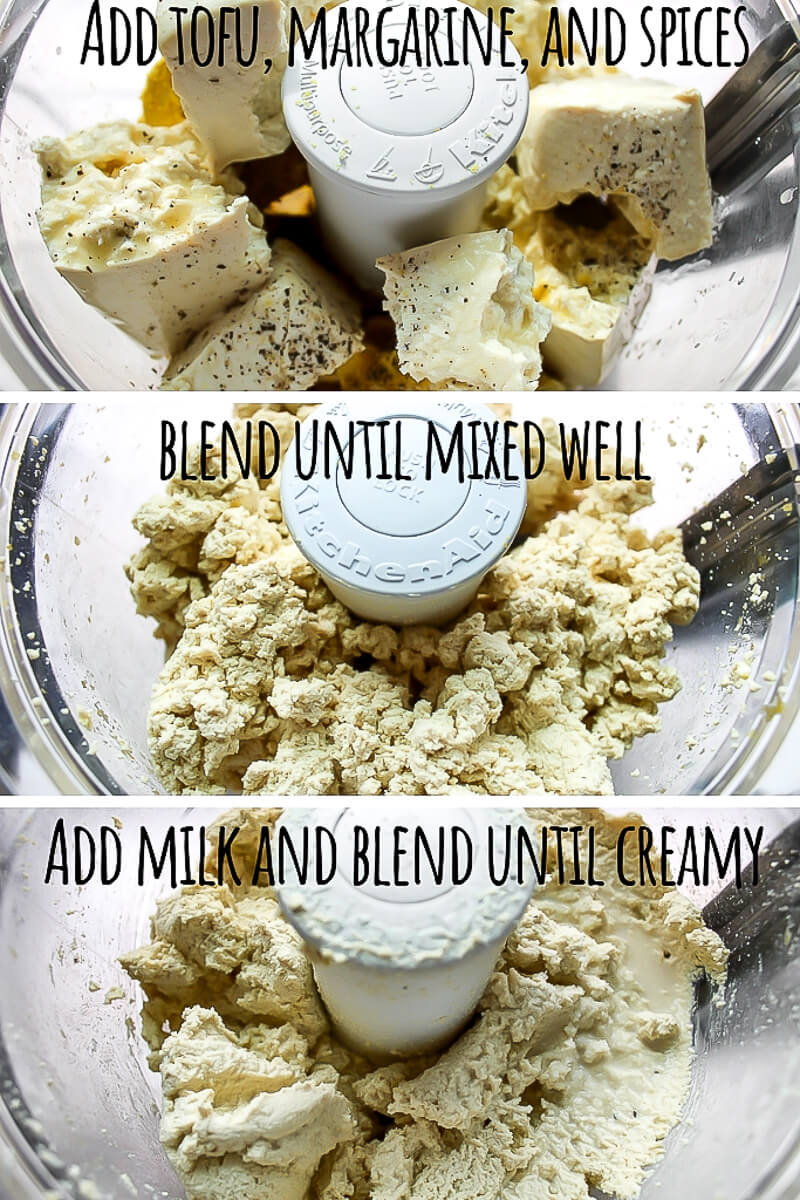 A series of 3 pictures showing the process steps of blending the tofu mixture in a food processor to make vegan quiche.