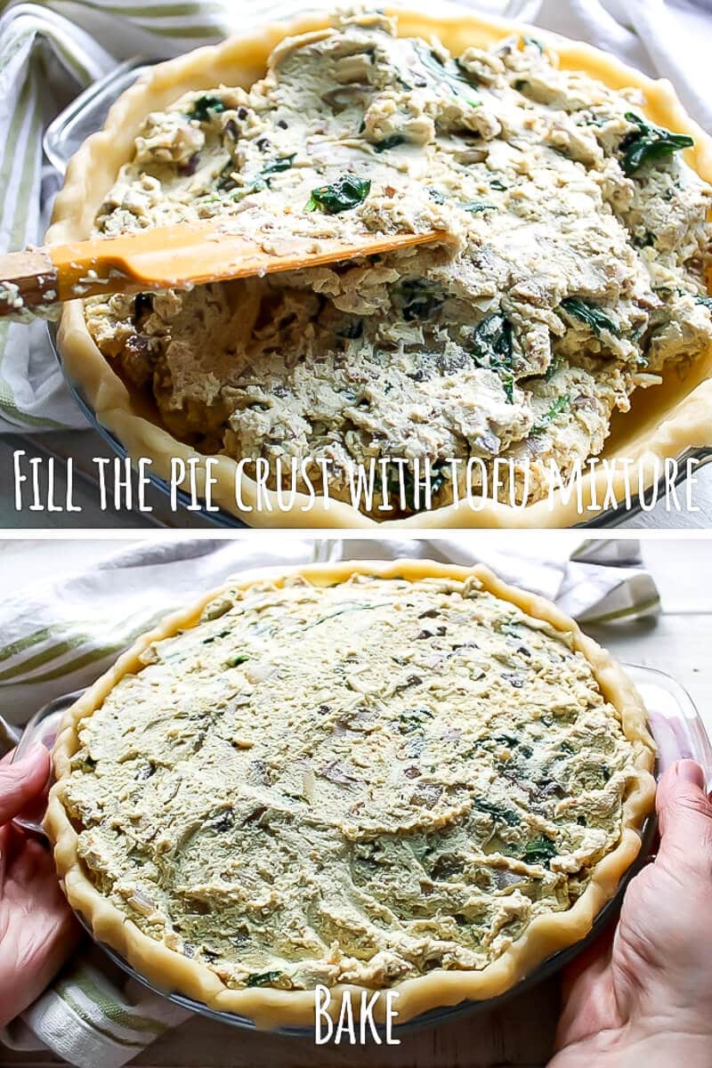 A college of 2 pictures showing filling the pie crust with the tofu filling and packing it down before putting the vegan quiche in the oven.