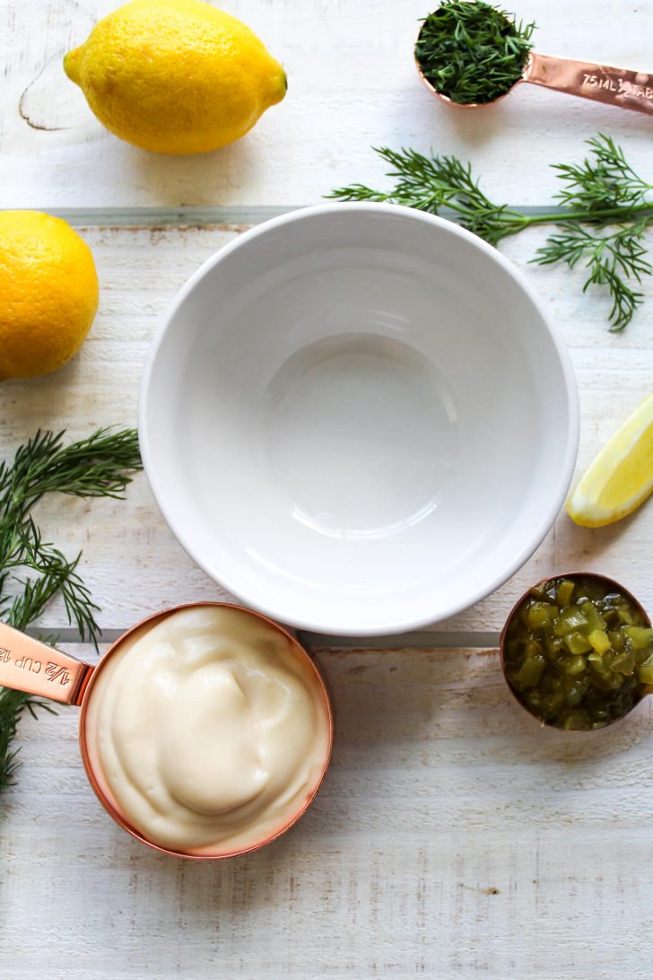Ingredients to make homemade vegan tartar sauce.