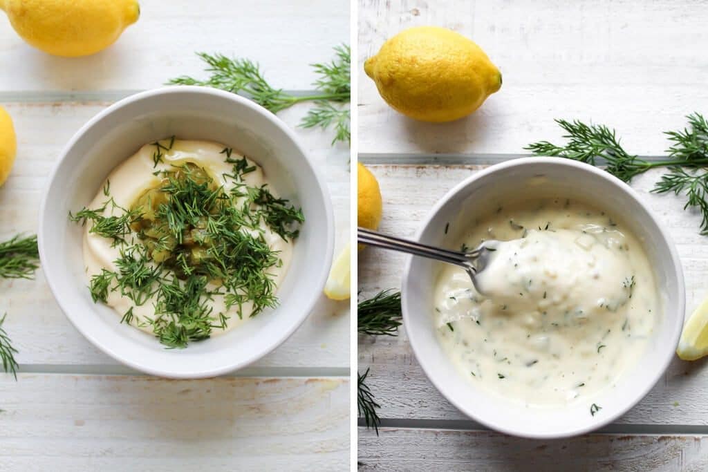 Two pictures showing the process steps for making homemade vegan tartar sauce.