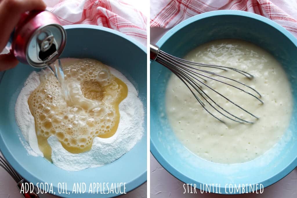 A college of 2 pictures showing the process of adding the soda, applesauce, and oil to the cake mix to make an easy vegan cake.
