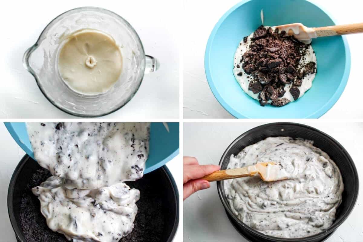 A collage of 4 pictures showing the process steps of blending the vegan cheesecake ingredients, adding crushed Oreos, and pouring the mixture into the springform pan to make an Oreo cheesecake.