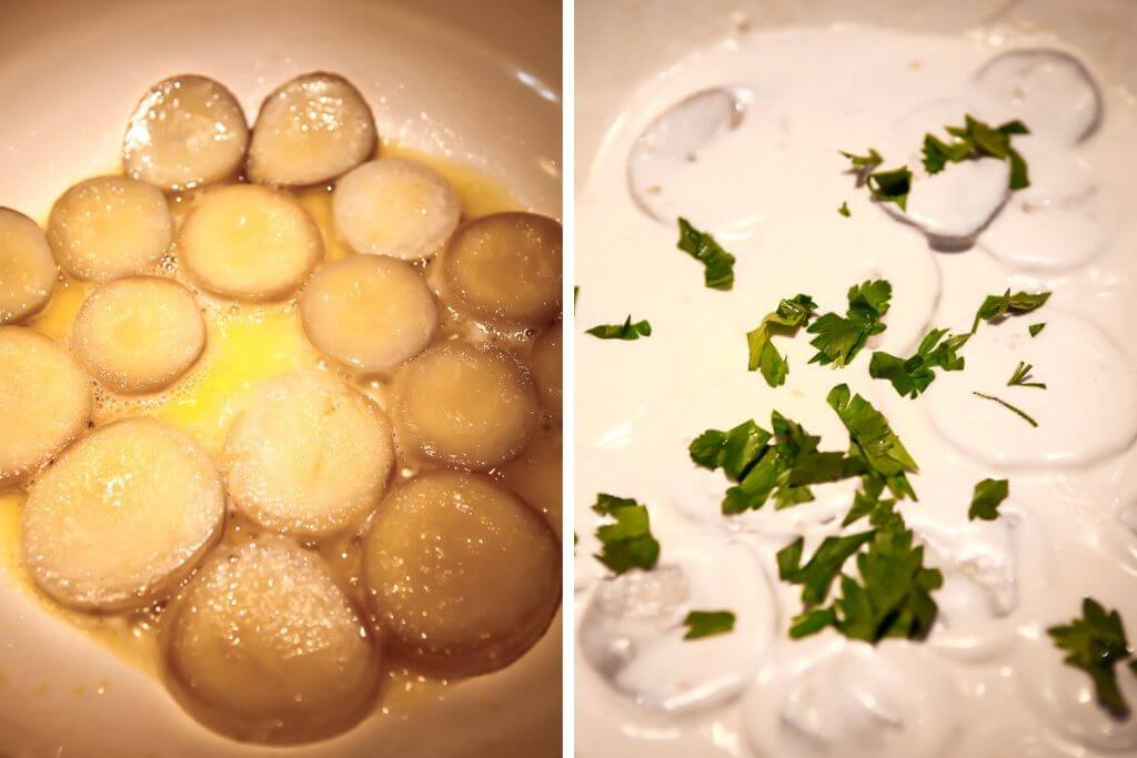 A series of two pictures showing the process steps in making vegan scallop by sautéing king mushrooms in vegan butter and adding vegan sour cream.