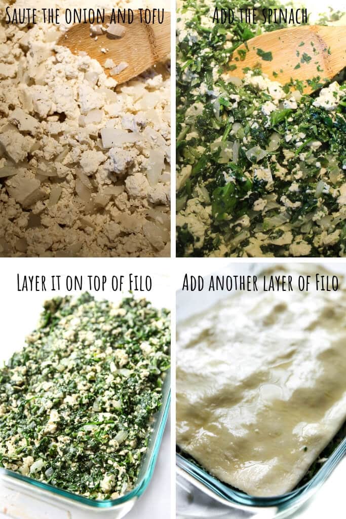 A series of 4 pictures showing the process step for making the vegan spinach pie.