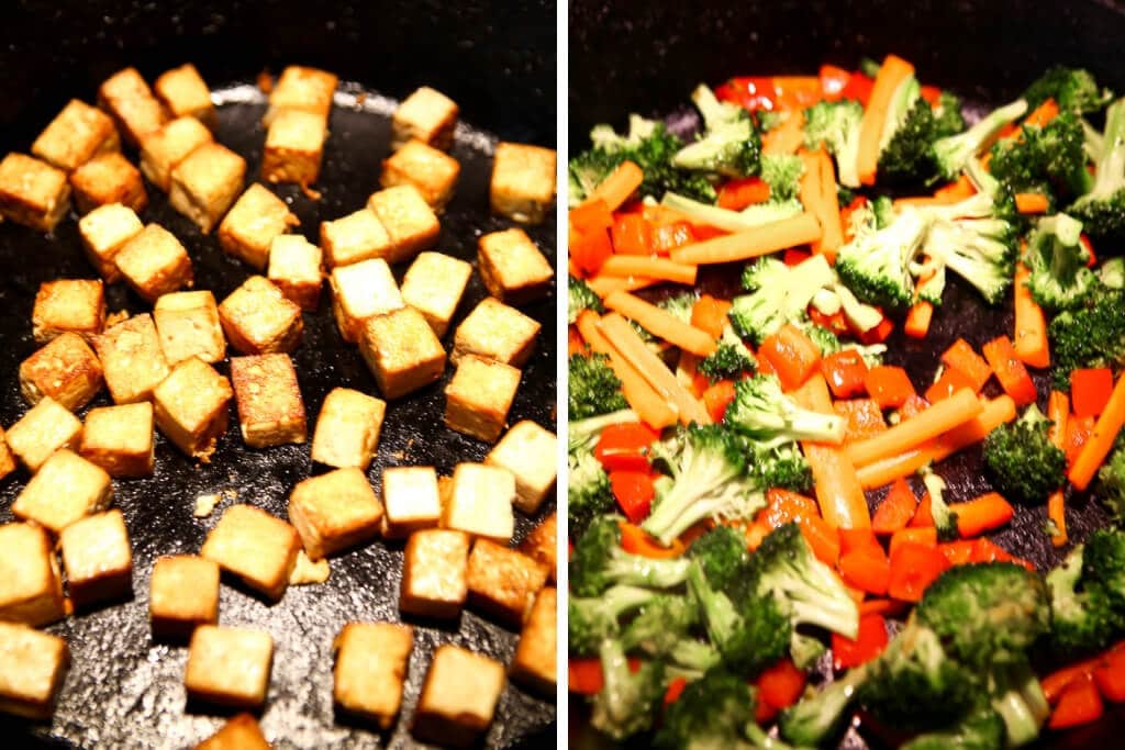 A collage of 2 pictures showing the process steps for cooking the tofu and veggies before adding the teriyaki sauce.