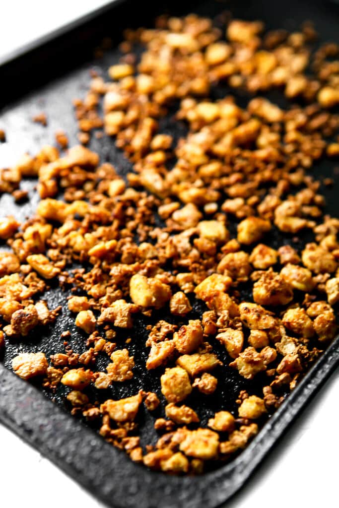 A tray of baked tofu taco meat crumbles.