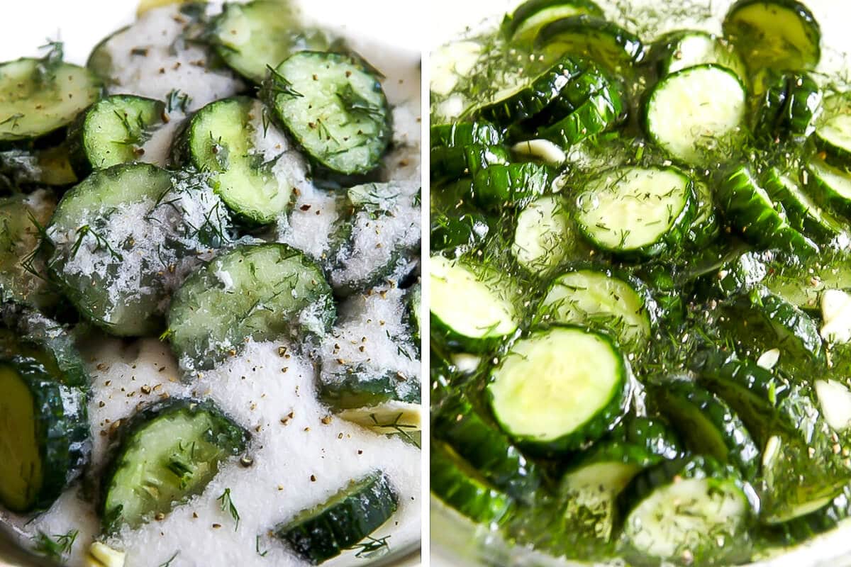A collage of 2 pictures showing the process of putting salt and sugar on the cucumbers to bring out their juices to make refrigerator pickles.
