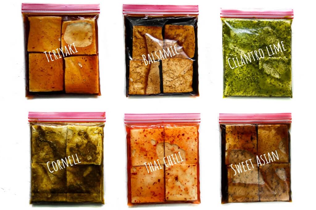 Six bags of tofu marinade including sweet Asian, balsamic, Thai chili, Cornell, and cilantro lime.