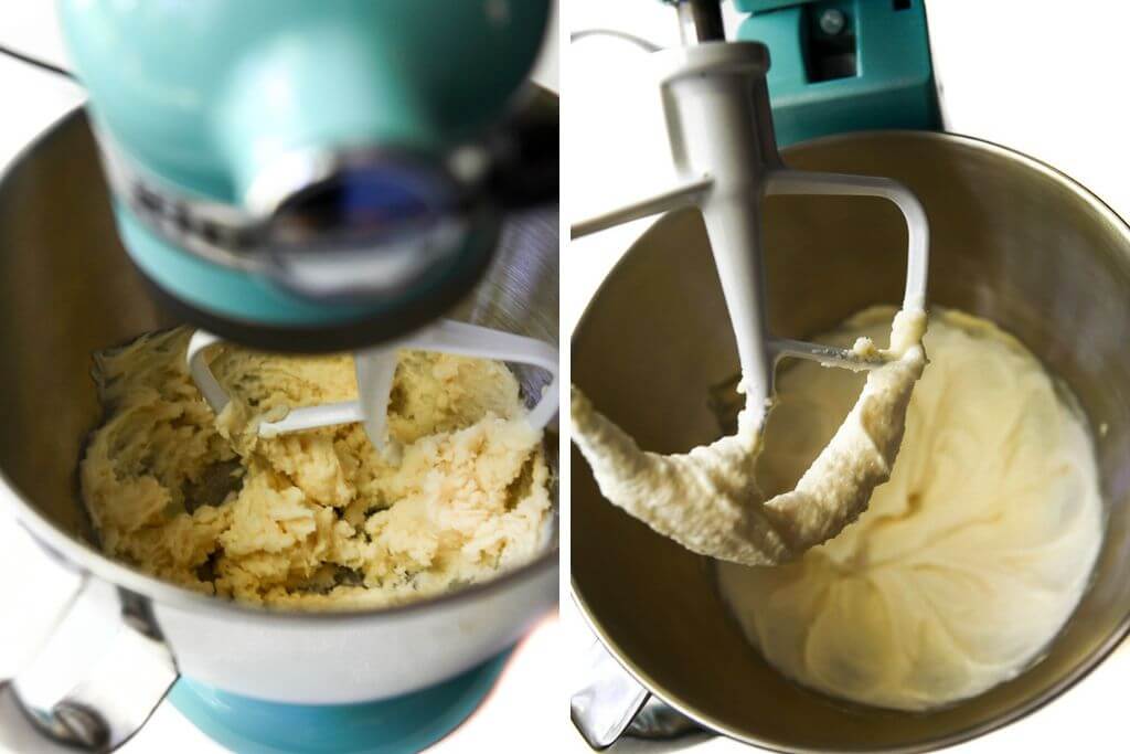 Two pictures showing the process steps of creaming the butter and sugar and adding the egg replacer to make vegan blueberry muffins.