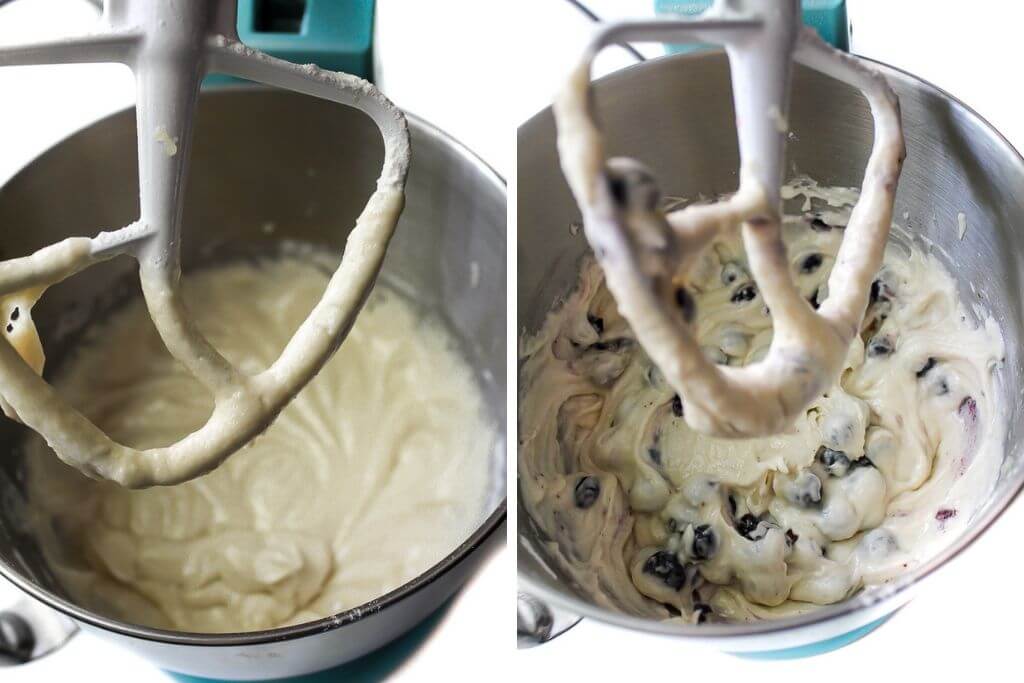 A collage of 2 pictures showing the process steps of making the blueberry muffin batter and adding the blueberries.