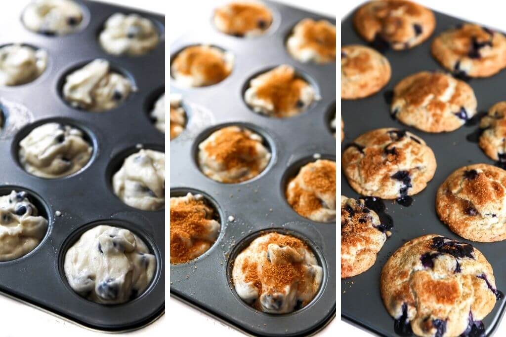 A series of 3 pictures showing the process steps of filling the muffin tins, sprinkling on cinnamon and sugar, then baking the blueberry muffins to perfection.