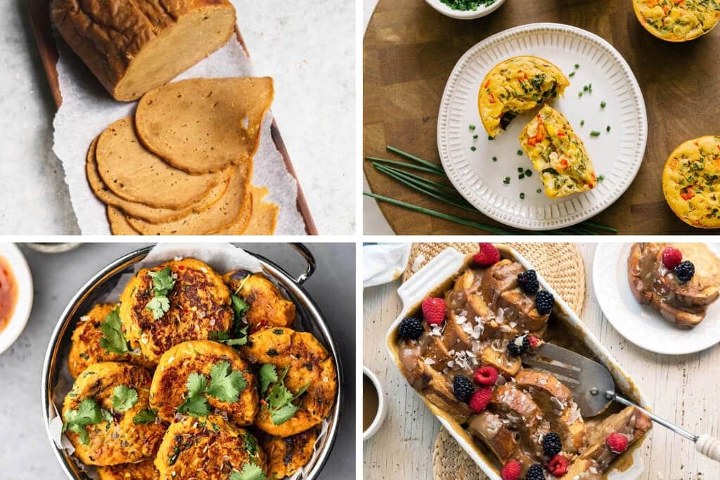 A collage of 4 pictures of recipes using chickpea flour in vegan meat, fritters, vegan French toast, and mini quiche cups.