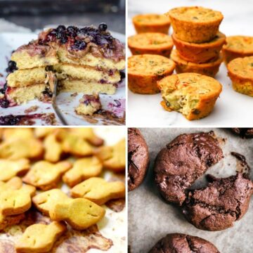 A collage of 4 pictures showing examples of chickpea flour recipes including pancakes, crackers, vegan egg muffins, and chocolate cookies.