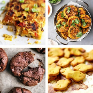 A collage of 4 pictures showing examples of chickpea flour recipes including omelets, cookies, crackers, and fritters.