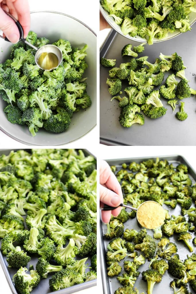 A collage of 4 pictures showing the process steps for making baked broccoli.