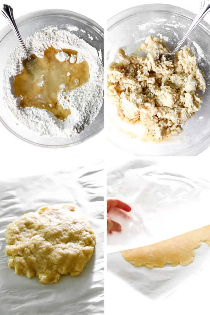 A collage of 4 pictures showing the process steps of making easy vegan pie crust.