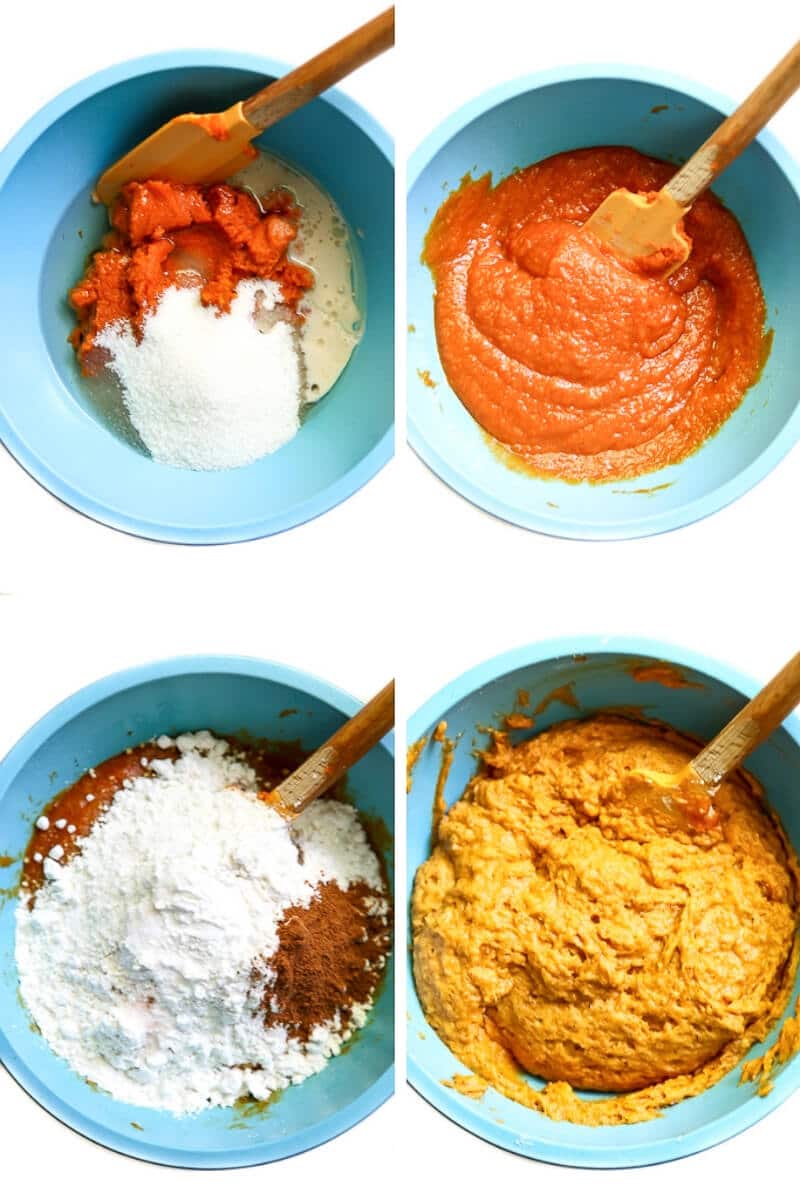 A collage of 4 pictures showing the process steps for making easy vegan pumpkin bread.