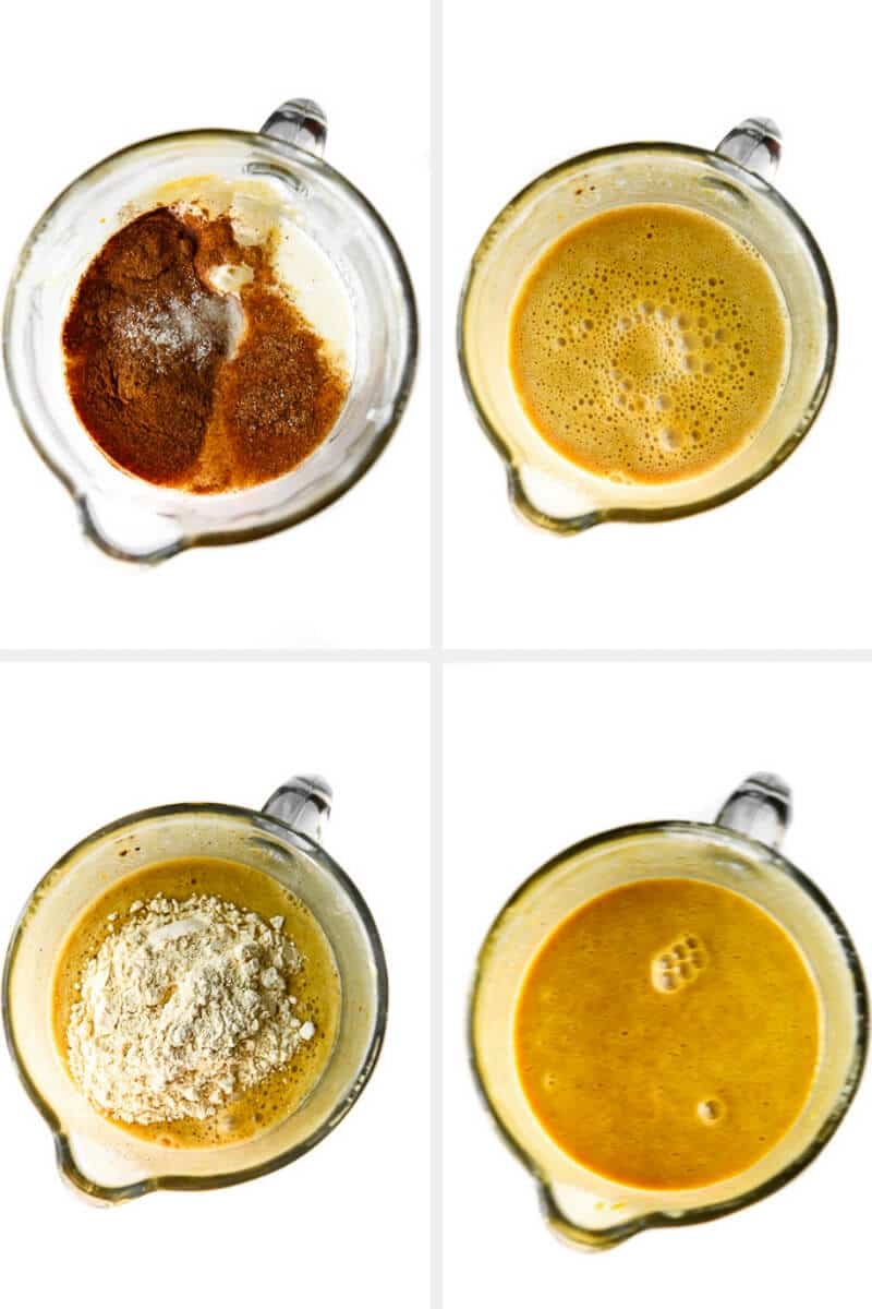 A series of 4 pictures showing the process of adding ingredients to a blender to make a vegan pumpkin pie.