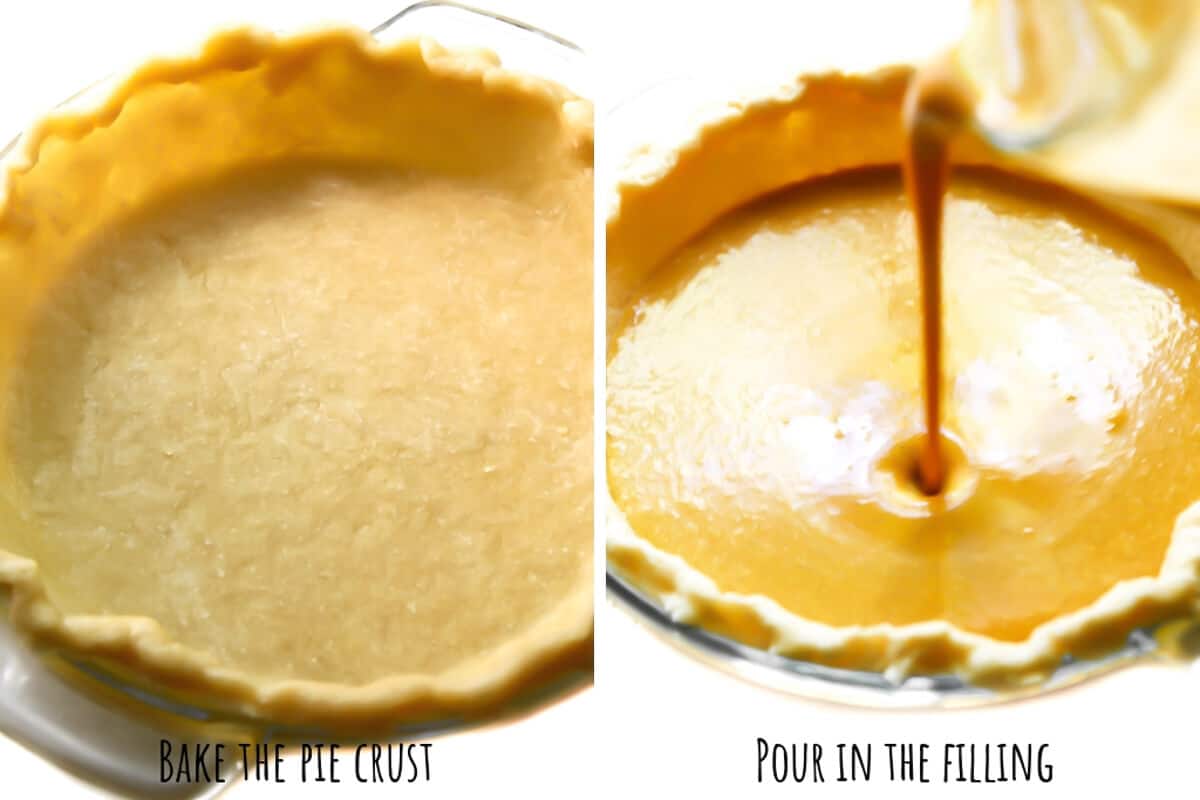 A collage of 2 pictures showing the cooked pie shell and pouring the pumpkin pie filling into the pie shell.