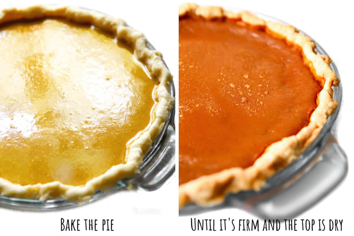 A vegan pumpkin pie before and after it bakes.