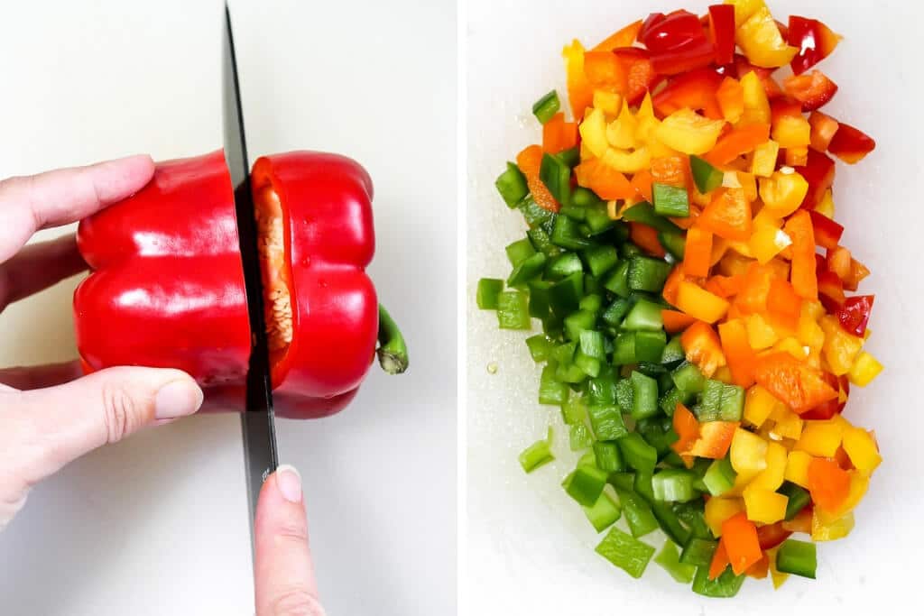A collage of 2 pictures showing cutting and dicing the bell pepper tops to make stuffed peppers.