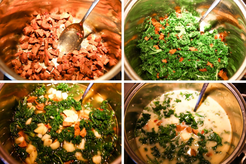 A collage of 4 pictures showing the process of sautéing the sausage, adding the kale, then adding the broth, potatoes and soy milk.