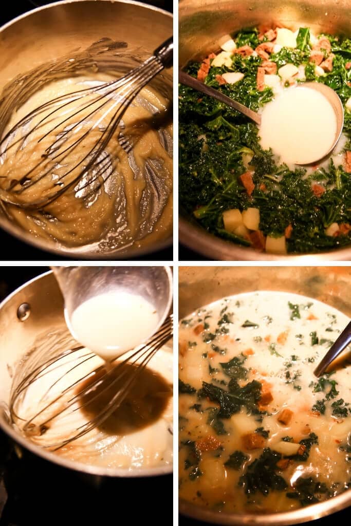 A collage of 4 pictures showing the process steps for thickening a vegan soup with a roux. 