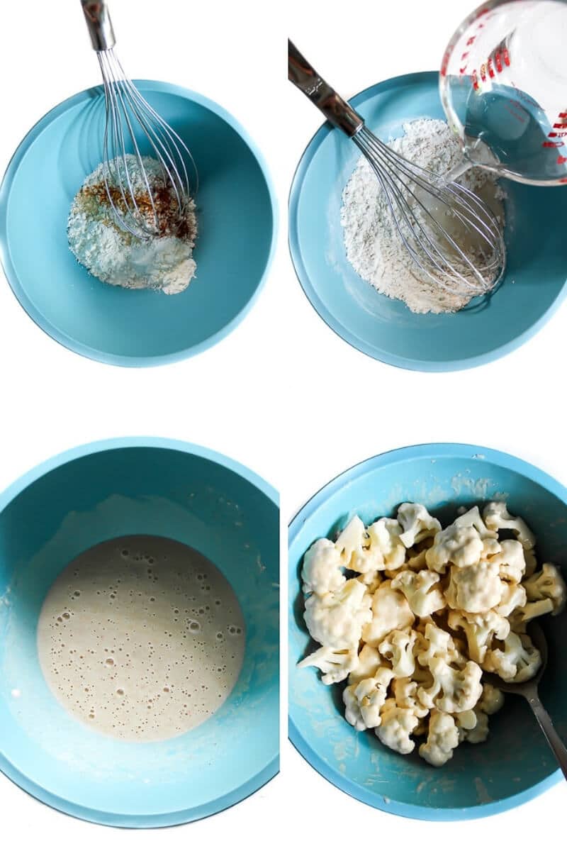 A collage of 4 images showing the process of making a batter and coating pieces of cauliflower in it before frying.