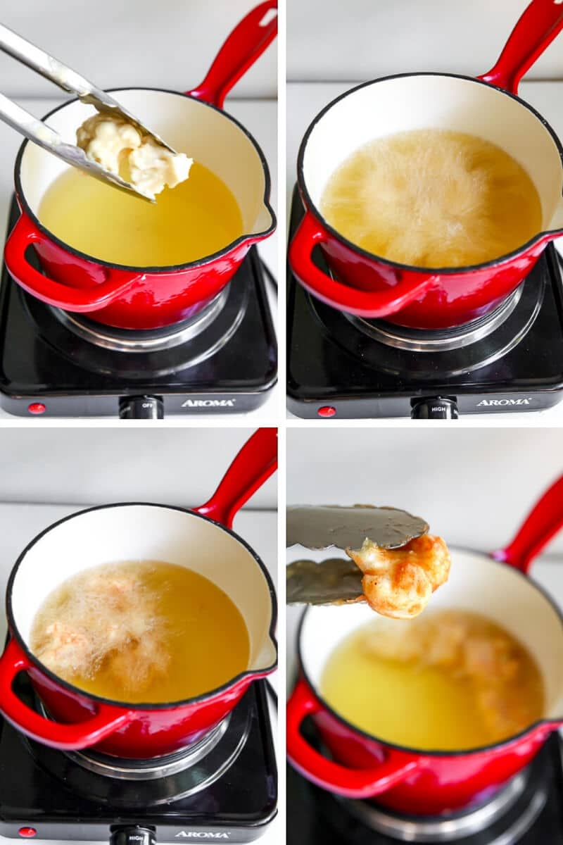 A collage of 4 pictures showing the process step for deep frying cauliflower in a pan.