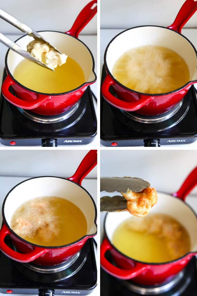 A collage of 4 pictures showing the process step for deep frying cauliflower in a pan.