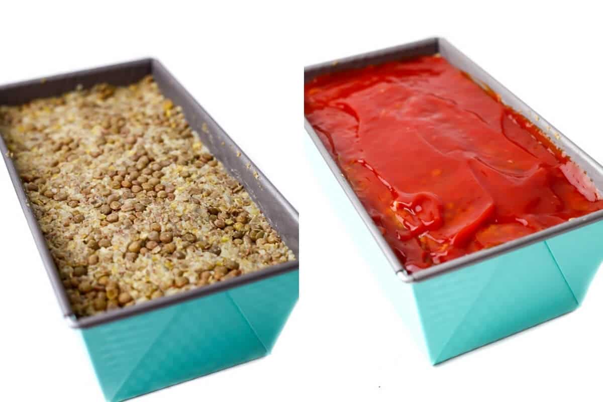 Two pictures showing the lentil loaf before cooking and adding ketchup to the top of it.