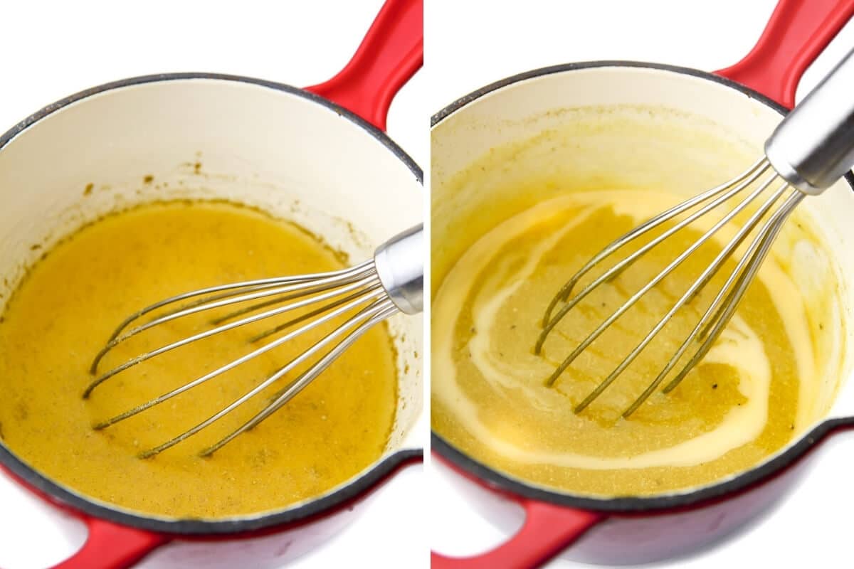 Vegan gravy in a saucepan before and after it cooks.