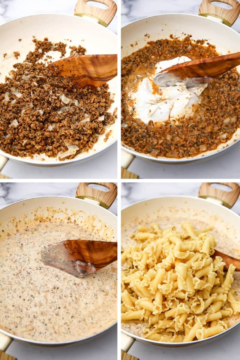 A collage of 4 images showing the process of cooking the onions and beef crumbles, then adding the vegan sour cream and noodles.