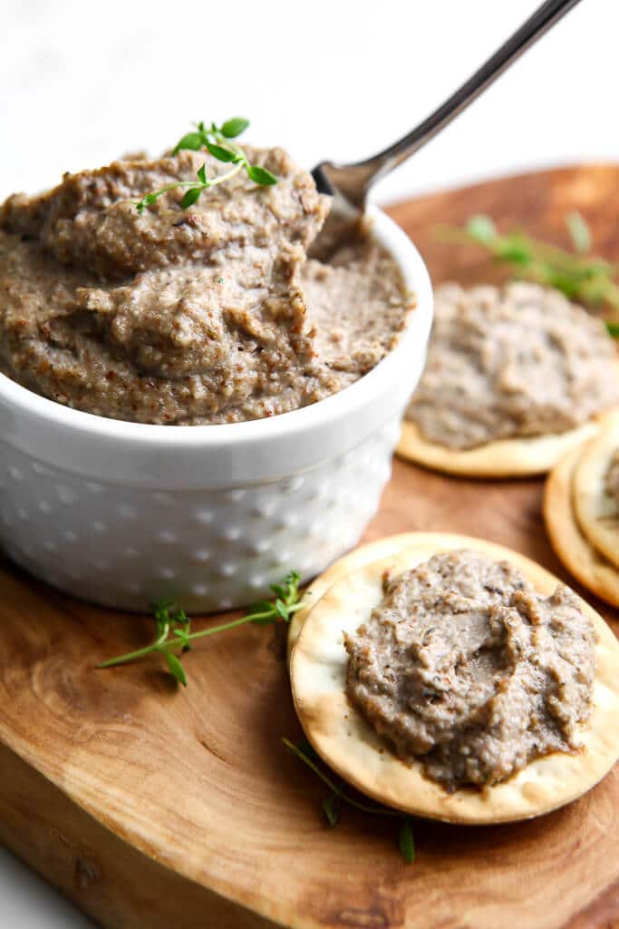 Vegan pate made with almonds, sauteed mushrooms, and herbs. 