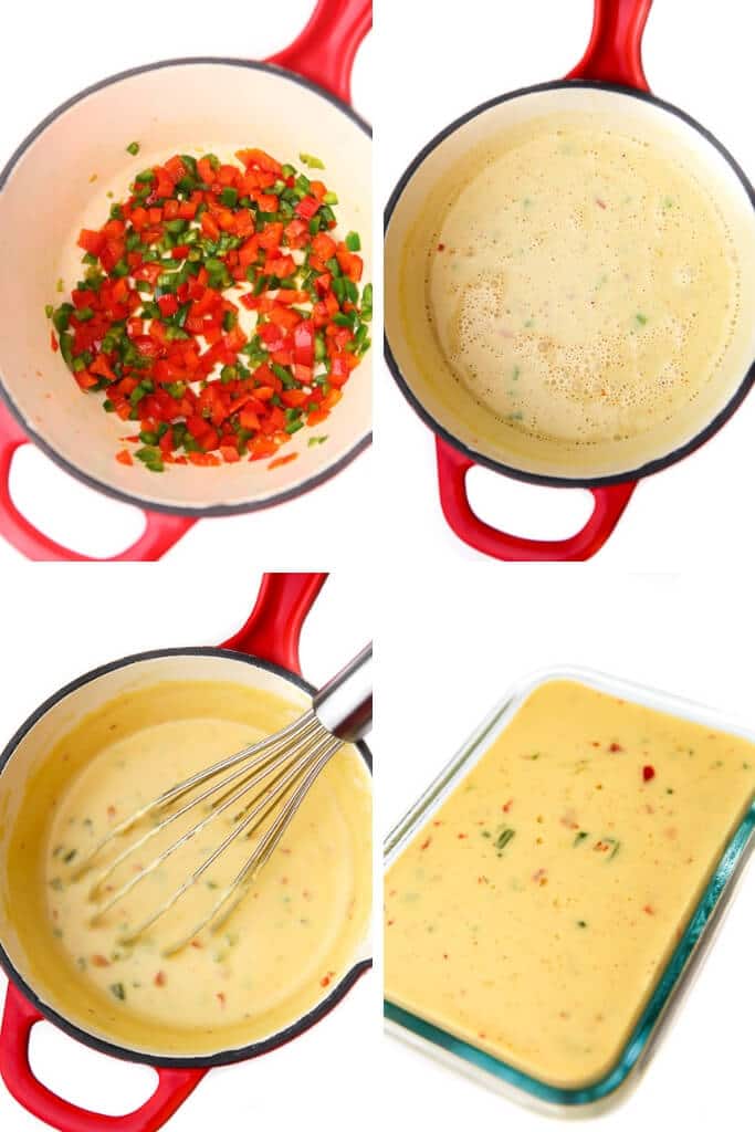 A collage of 4 pictures showing the process steps for making homemade dairy-free pepper jack cheese. 