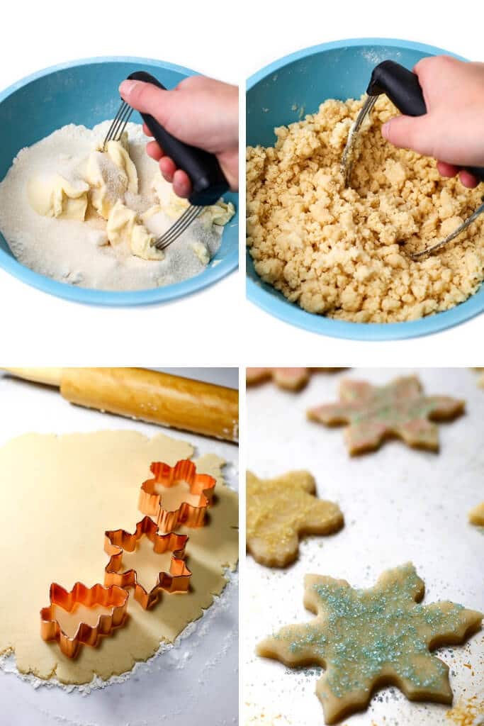 A collage of 4 pictures showing the process steps for making shortbread cookies.