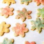 Vegan cut out shortbread cookies with colored sugar on top.