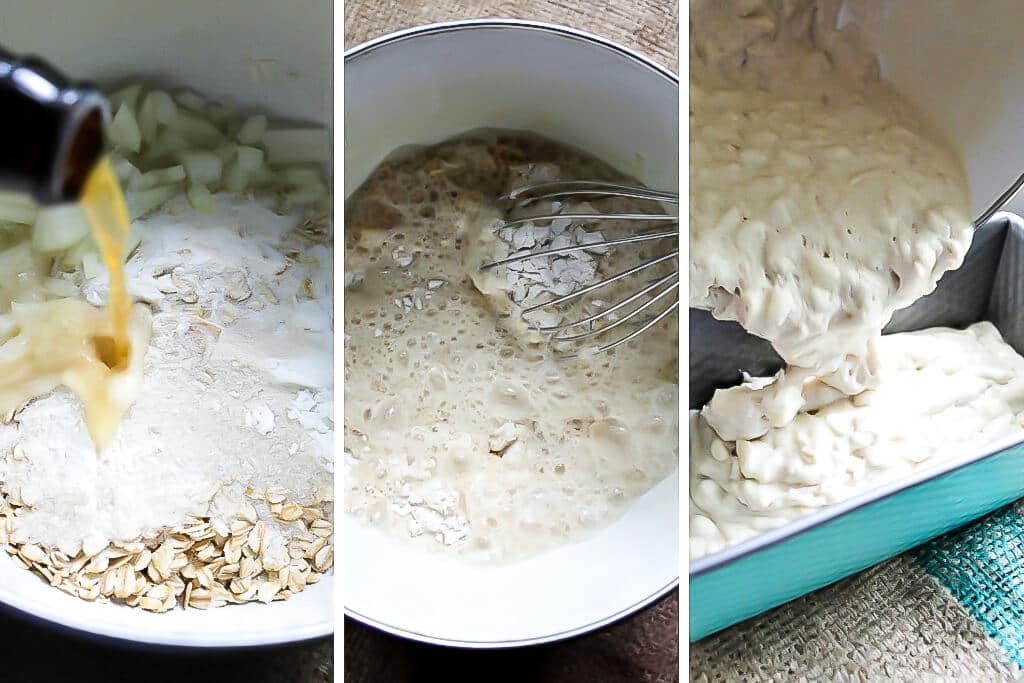 A series of 3 pictures showing the process of adding the beer to the dry ingredients and pouring it into the loaf pan to make gluten free vegan beer bread.