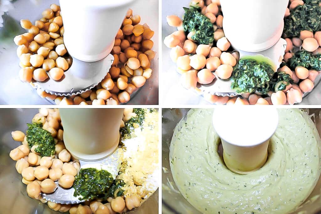 A collage of 4 pictures showing the process steps for blending the chickpeas, pesto, and spices in a food processor. 