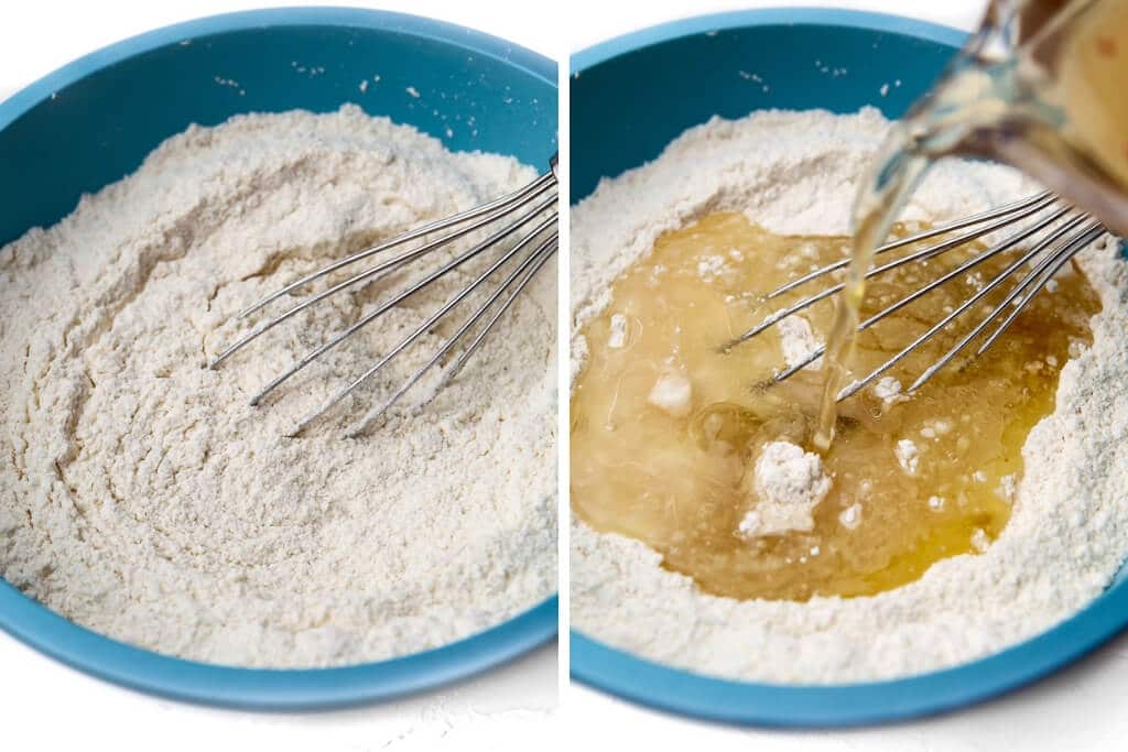A collage of 2 pictures showing dry ingredient for vanilla cake and wet ingredients being poured into it.
