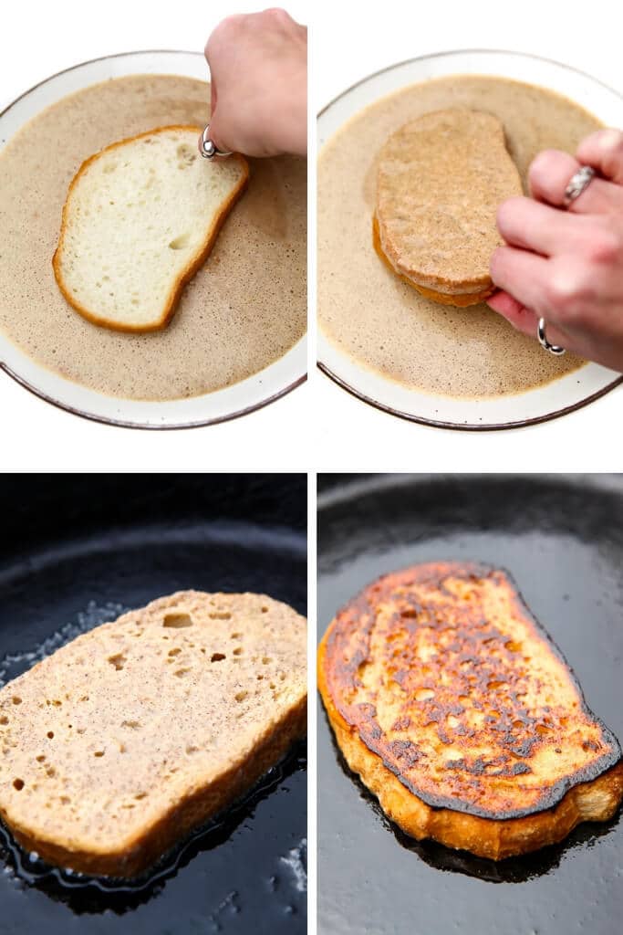A collage of 4 pictures showing the process steps for soaking the bread and frying the vegan French toast.