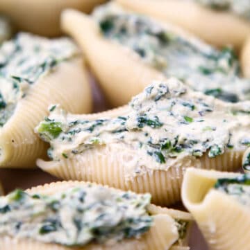 Vegan ricotta with spinach in jumbo stuffed pasta shells.