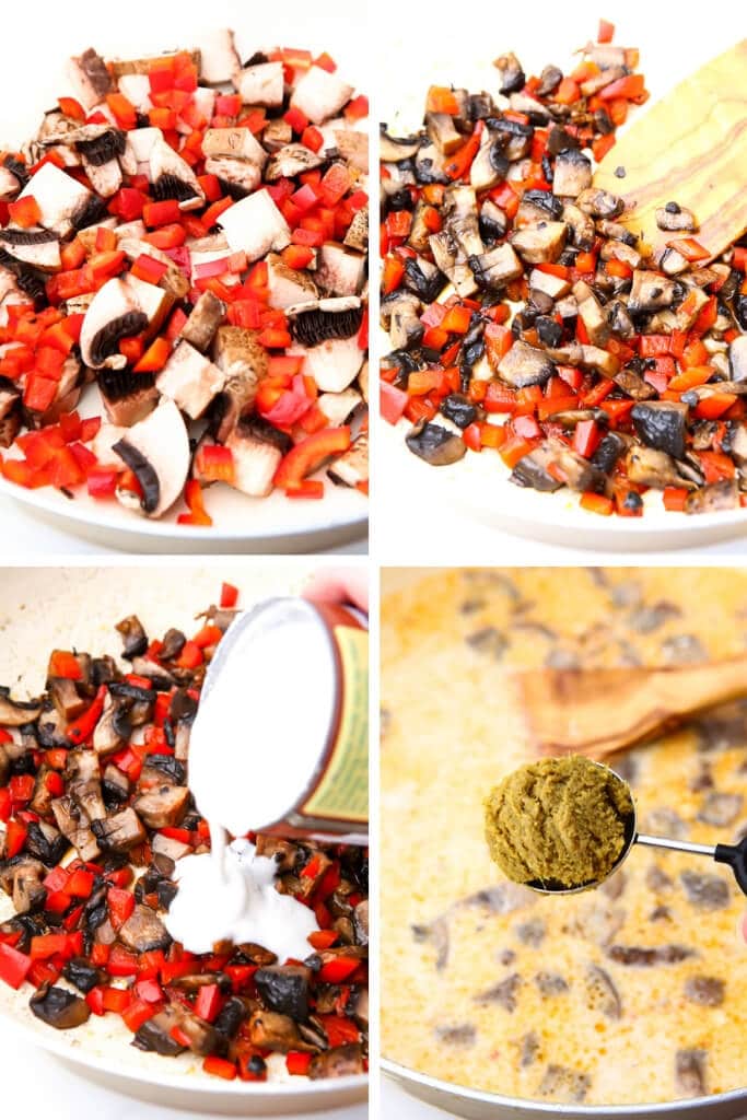 A collage of 4 pictures showing the process of sauteing the mushrooms and peppers and adding the coconut milk and curry paste to the coconut soup.