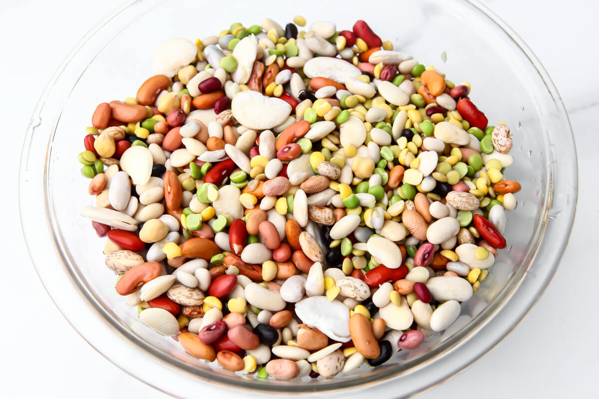A bowl of 15 beans that have been soaked overnight.