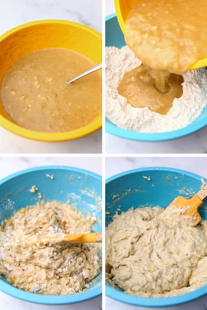 A collage of 4 pictures showing the process of making the banana mash and mixing the batter to make vegan banana bread.