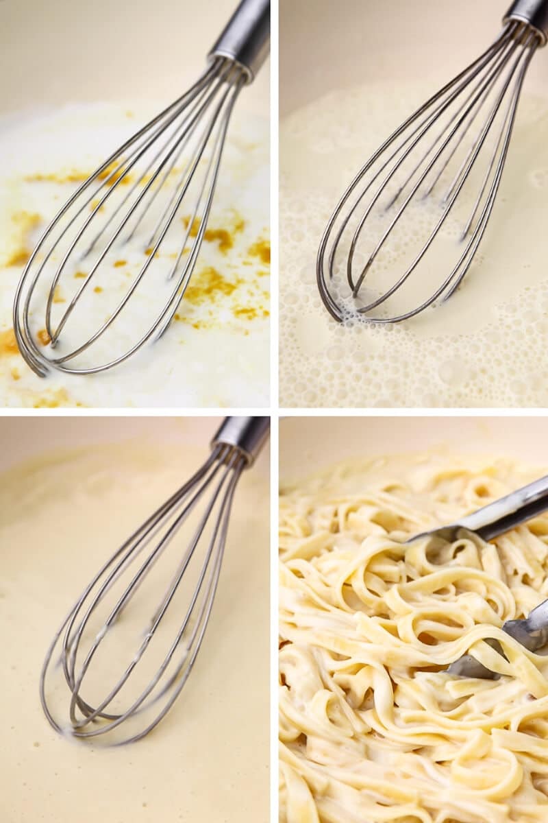 A collage of 4 pictures showing the process steps for making coconut Alfredo sauce and mixing it with fettuccine.