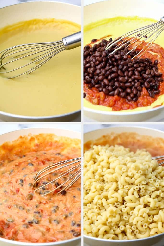 A collage of 4 pictures showing the process steps of making spicy mac and cheese.