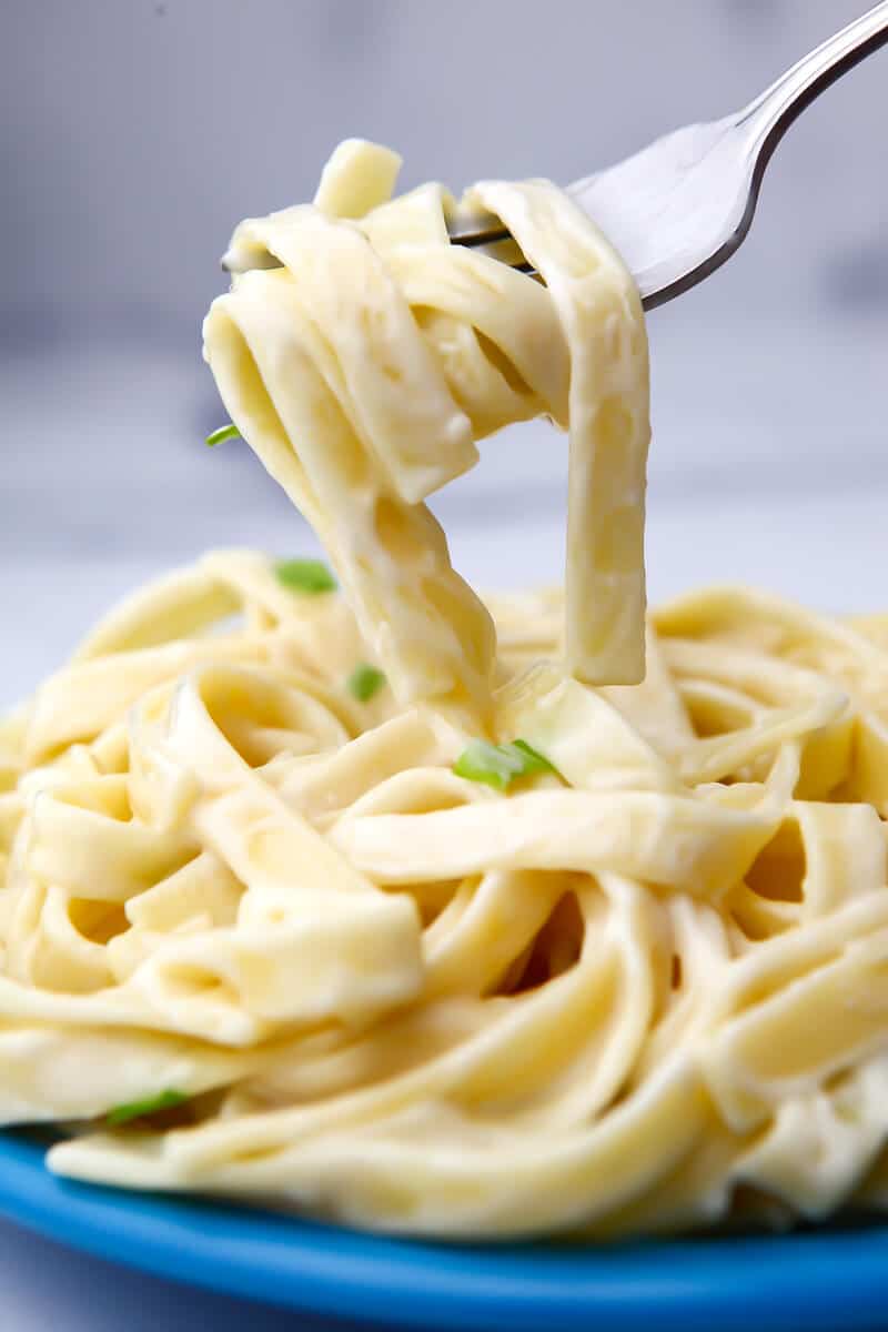 A vegan Alfredo sauce over fettuccine noodles with a fork full above the plate.