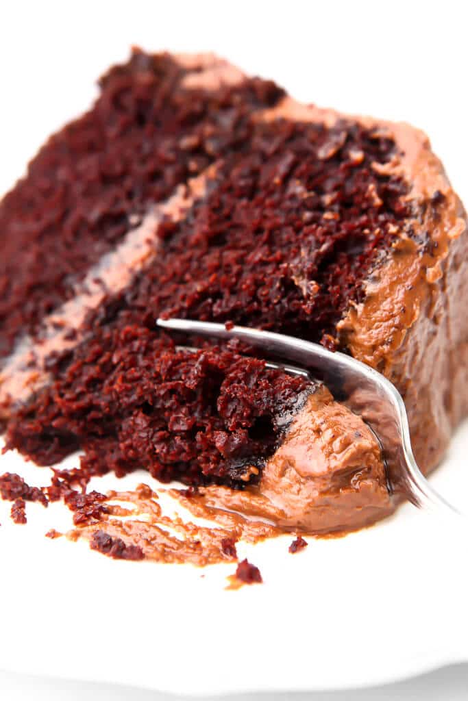 A slice of vegan chocolate cake with a few bites taken out of it.